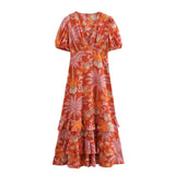 Spring Printed V-Collar Laminated Midi Dress 3349187-Outfit