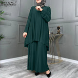 ZANZEA Women Muslim Sets Islamic Clothing Plain Suits Morocco Turkish Pleated Full Sleeve Tops Wide Legs Long Pants
