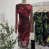 Vintage Tie-Dye Printing Irregular Folded Mesh Yarn Body-Body-Sleeve Dress