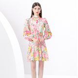 Fongt High-End Squeer Hook Lace Dress Women's Waists Thin High-Collar Lantern Sleeves A-Shaped Skirt