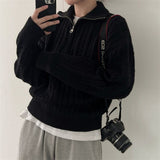 Dark Academia Half Zip Up Cable Knit Sweater-Outfit