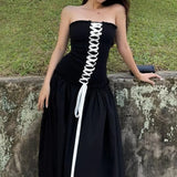 Black Tube Ruched Lace Up Maxi Dress-Outfit