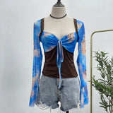 2023 Spring Dress French Court Style Lace With Lace Stitched Print Horn Long-Sleeved T-Shirt