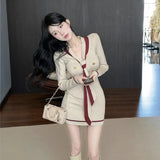 Temperament Famous Lady Small Fragrant Wind V Collar Long-Sleeved Dress Women Autumn Waists Thin Hotties Knitted Hips Short