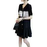 Casual V-Neck Lace Patchwork Mini Dress Summer Short Sleeve Fashion Single-breasted Women's Clothing Korean A-Line Dresses-Outfit