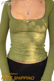 Women's Long Sleeve Top Basic Slim Fitted T-Shirt Spring Square Neck Y2k Crop Top Lace Tee Streetwear Female Pullovers T