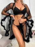 See Through Lace Feather Robe Nightgown For Women Deep-V Cardigan Horn Sleeve Lingerie Night Wear Bathrobes