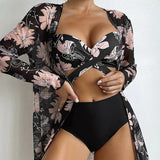 Fongt New 2024 Bikini Gathers The Sexy Mesh Three-Piece Split Print Swimsuit