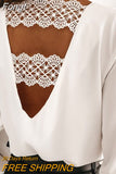 Back V-shaped Hollow Lace Stitching Pullover White Blouse Fashion Sexy V-neck Autumn and Winter Long-sleeved Shirt