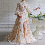 Fongt New Multi-Colored Half-High Collar Glide Open Lantern Sleeve Sleeve Chiffon Dress Chiffon