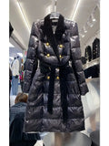 QUALITY Newest Winter 2023 Designer Coat Women's Double Row Velvet Splicing Belted Long Down