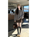 Fongt Korean New Lazy Style Retro Knitted On The Female Leopard Dress Autumn And Winter Fashion Set