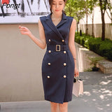 Han Queen Women's 2018 New Summer Double-breasted Belt Waist Dress Button OL Wear To Work Fitted Sheath Bodycon Pencil