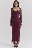 Burgundy Sheer Long Sleeve Bodycon Maxi Dress-Outfit