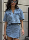 Hot Style Double Front V Collar Head Short Denim Shirt High Waist Denim Skirt Suit-Outfit