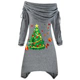 Large Women's Long-Sleeved Christmas Tree Printed Pleated Collar Irregular Long Rope Autumn And Winter Knitted Dress-Outfit