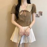 Fongt Bow Hit Color Doll Cardigan Knitted Women's Summer Little Yang Short