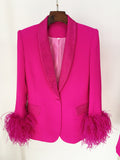 STREET Newest 2023 Designer Jacket Women's Natural Feathers Embellished Diamonds Single Button Beaded