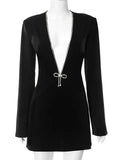 V-Neck Sparkle Glitter Black Bodycon Sexy Mini Dress For Women Elegant Long Sleeve Bow Slim Fit Party Clubwear-Outfit