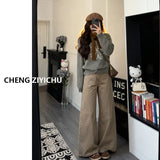 Fongt Retro Dark Brown Loose Thin Straight Jeans Women's New Low-Rise Thin Broad Leg Horn Pants