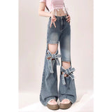 Fongt Mm Large Street Hottie Bow Trumpet Micro-Tight Jeans Girl Retro Hollow Horn Long Pants