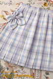 Sweet Bow Jk Plaid Skirt Women Fashion High Waist Adjust Button Girls Pleated Skirt Summer Preppy Style Sexy Mini