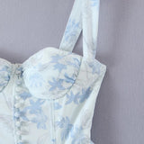 Blue Floral Mini Ruched Slit Bustier Dress-Outfit