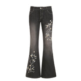 Fongt West Of The Cowboy Wind Plant Flowers Embroidered Low-Waisted Trousers Hottie Water Wash Old Leisure Trousers