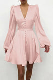 V Neck Puff Long Sleeve Mini
