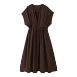 Fongt Summer New Women's Folding Shoulder Short-Sleeved Fan Flute Long Dress