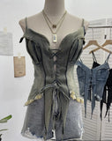 Real-Hand Shot Vintage Babes With Thaired Hairy Denim Sling Vest Short Umbilly Sleeveless Top