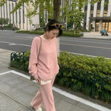 New Casual 2 Pieces Knitted Set Long Sleeve Patchwork Sweater Long Trousers Autumn Winter Female Wide Leg Pants