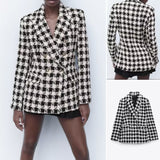 Fongt New Women's Suit Collar Thousand Bird Case Double Breasted Long Sleeve Suit Jacket-Outfit