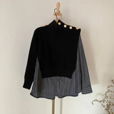 Chic 2020 Autumn High Collar Side Buttons Fake Two-piece Shirt Stitching Striped Bubble Sleeve Sweater Blue