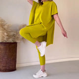 Fongt 2025 New Solid Color Round Neck Large-Size Short-Sleeved Knitted Shirt Casual Set