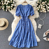 Dress Women's Aging Bubble Cuff Buckle Slimming Medium-Long Heart Machine Forked Retro Broken Flower Platycodon Grandiflorum Skirt-Outfit