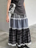Patchwork Lace Plaid Maxi Skirt-Outfit