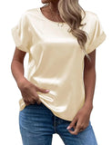 Women's Short-Sleeved Satin Shirt Loose Casual Round-Collar Satin T-Shirt Women's Spring / Summer 2024 New Style-Outfit
