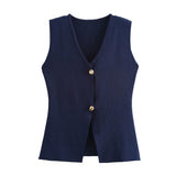 Fongt Women's Clothing 2025 Summer Solid Color Repair Gold Button Knitted Vest Top