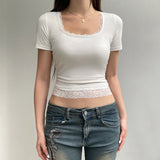 Black Lace Stitched Crop Top Women Casual Short Sleeve Square Collar Slim T-shirts Summer Harajuku Solid Tees y2k Vintage-Outfit