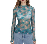 New Women's Lace Top Mesh Multi-Colored Bottom Shirt Sexy Hot Girl Trend