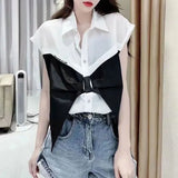 Summer Fashion Bow Patchwork Shirt Female Clothing Casual Turn-down Collar Commute Single-breasted Korean Sleeveless Blouse-Outfit