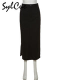 Simple Black Split Sexy Slim Hot Versatile Light Cool Thin Summer Women's Mature Feminine Charm Street Skirt Long-Outfit