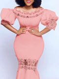 Fongt Women's One-Word Collar Bubble Sleeve Lace Splicing Banquet Fishtail Dress Dress Dress Dress Dress Dress
