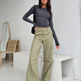 Fongt Women's Autumn Versatile Irregular Slim Bottom Top T Shirt Round Collar Solid Color Slim Long Sleeves-Outfit