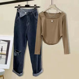 Women Two Pieces Sets Streetwear Harajuku Long Sleeve Square Collar Top And Hollow Out Vintage Denim Pants