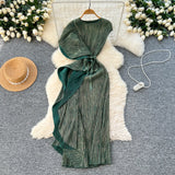 Fongt Folded Dress Design Irregular Lotus Leaves Side To Receive Waist Repair Bright Silk Pressure Folds
