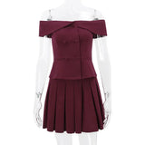 Solid Off-Shoulder Buttoned Top And Pleated Mini Skirt Set-Outfit