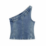 Fongt Asymmetrical Collar Retro Denim Breast Wrap Blouse 6045005