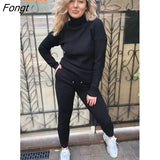 Autumn Winter New Sweater Knitted Pants Set High Collar Casual Women's Sportswear Two Piece Set Women's